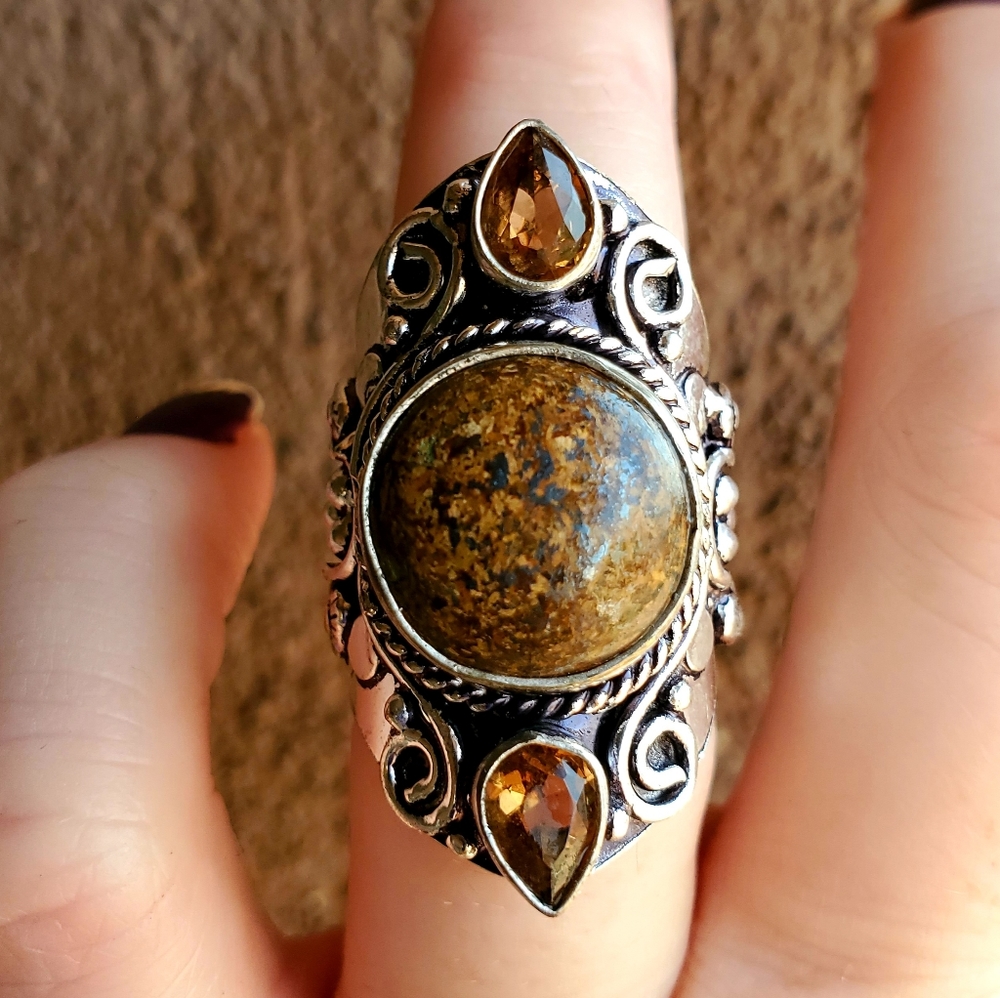 New Bronzite and Smoky Topaz 925 Silver Statement Ring.